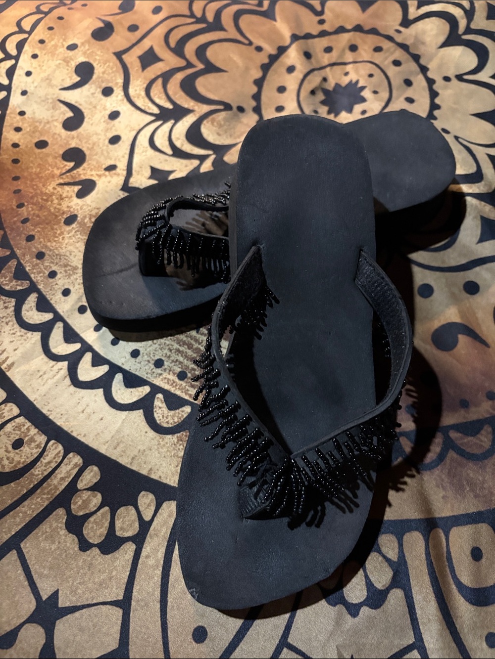 Black Beaded Fringe Women's Flip Flop Sandals